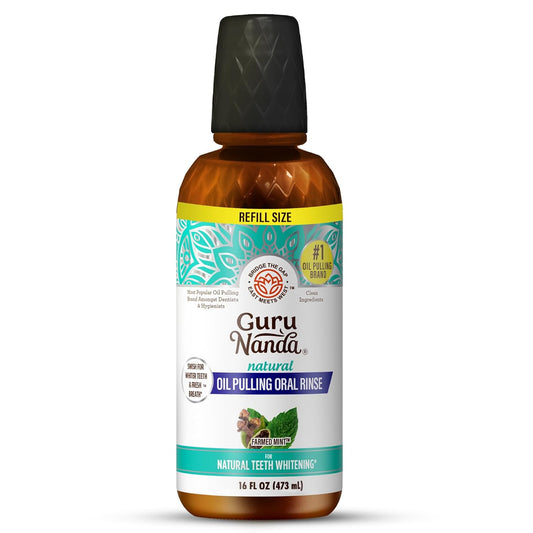 GuruNanda CocoMint Oil Pulling Mouthwash for Complete Oral Hygiene, 7 Essential Oils & Vitamins for Happy Teeth & Gums & Fresh Breath, Alcohol-Free, 16 oz