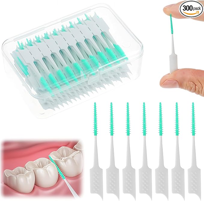 300 Pcs Dual-Use Interdental Brushes Disposable Dental Picks Soft Silicone Interdental Brush Premium Dental Floss Picks for Adults Teeth Health Cleaning Tools (Green)