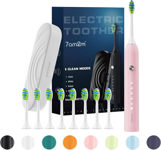 7AM2M Sonic Electric Toothbrush for Adults and Kids, with 8 Brush Heads and Travel Case,5 Modes with 2 Minutes Build in Smart Timer, One Charge Use for 90 Days, Rechargeable Toothbrushes(Pink)