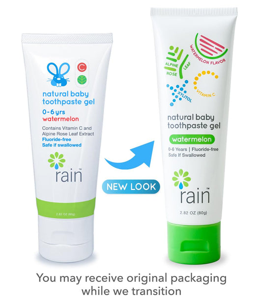 Rain Natural Baby Fluoride Free Kids Toothpaste Gel - Safe to Swallow Infant Toddler Tooth Paste, 2.8 Oz, Babies Training, Ages 6 to 12 months and Up Vitamin C Watermelon Toothpaste for Kids 0-6 years