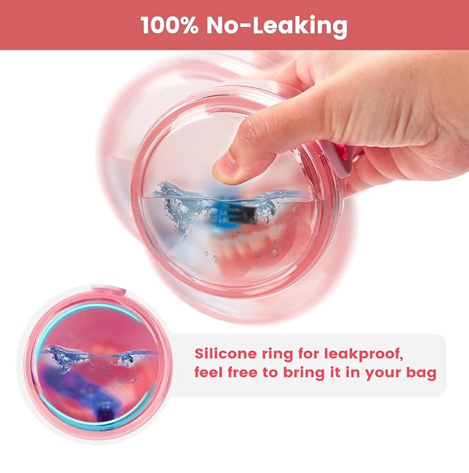 Leak Proof Travel Denture Bath Case for Full Dentures, Denture Cups for Soaking Dentures, Denture Container Cups with Brush for Dentures, Aligner, Retainers, Mouth Guard (Transparent Rouge)