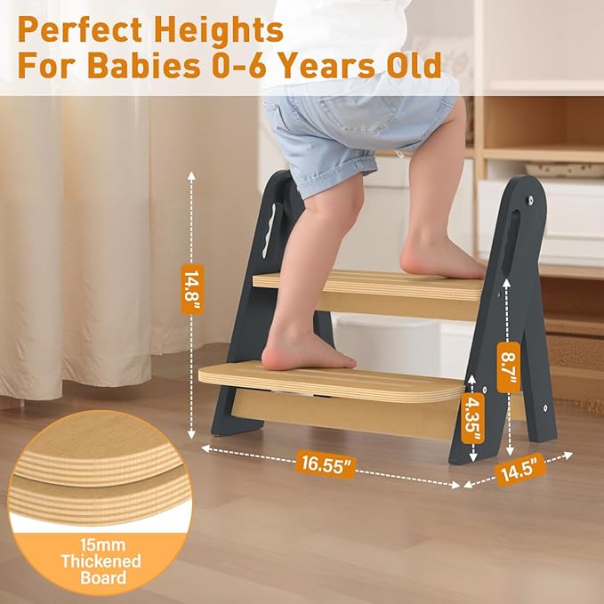 Toddler Step Stool, Wooden Height-Adjustable 2 Step Stool for Kids, 2 in 1 Potty Training Stool with Safety Handles Non-Slip Pads for Bathroom Sink, Kitchen, Bedroom (Grey, Foldable)