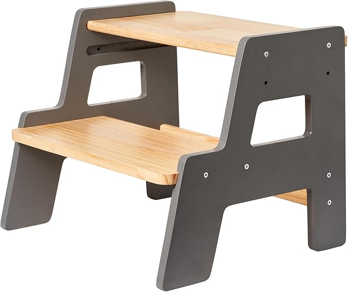 Toddler Step Stool for Kids - Height Adjustable Non-Slip Wooden Step Stool for Bathroom Sink, Kitchen & Potty Training 2-Step - Grey