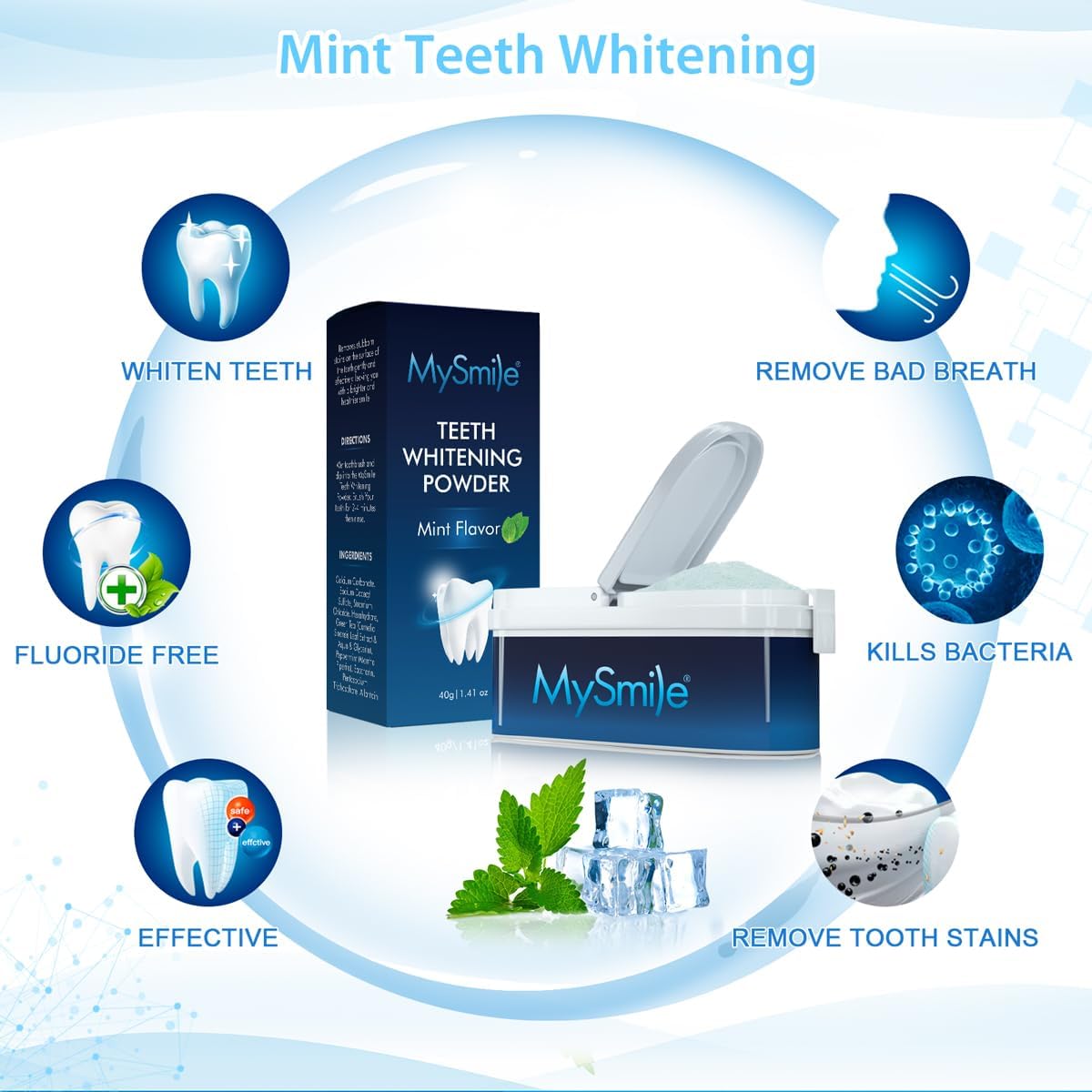 MySmile Teeth Whitening Powder for Tooth Whitening, Toothpaste Natural Powder Teeth Whitener, Enamel Safe Whitening Tooth Cleaning Powder, Tooth Stain Remover and Polisher, Fresh Mint