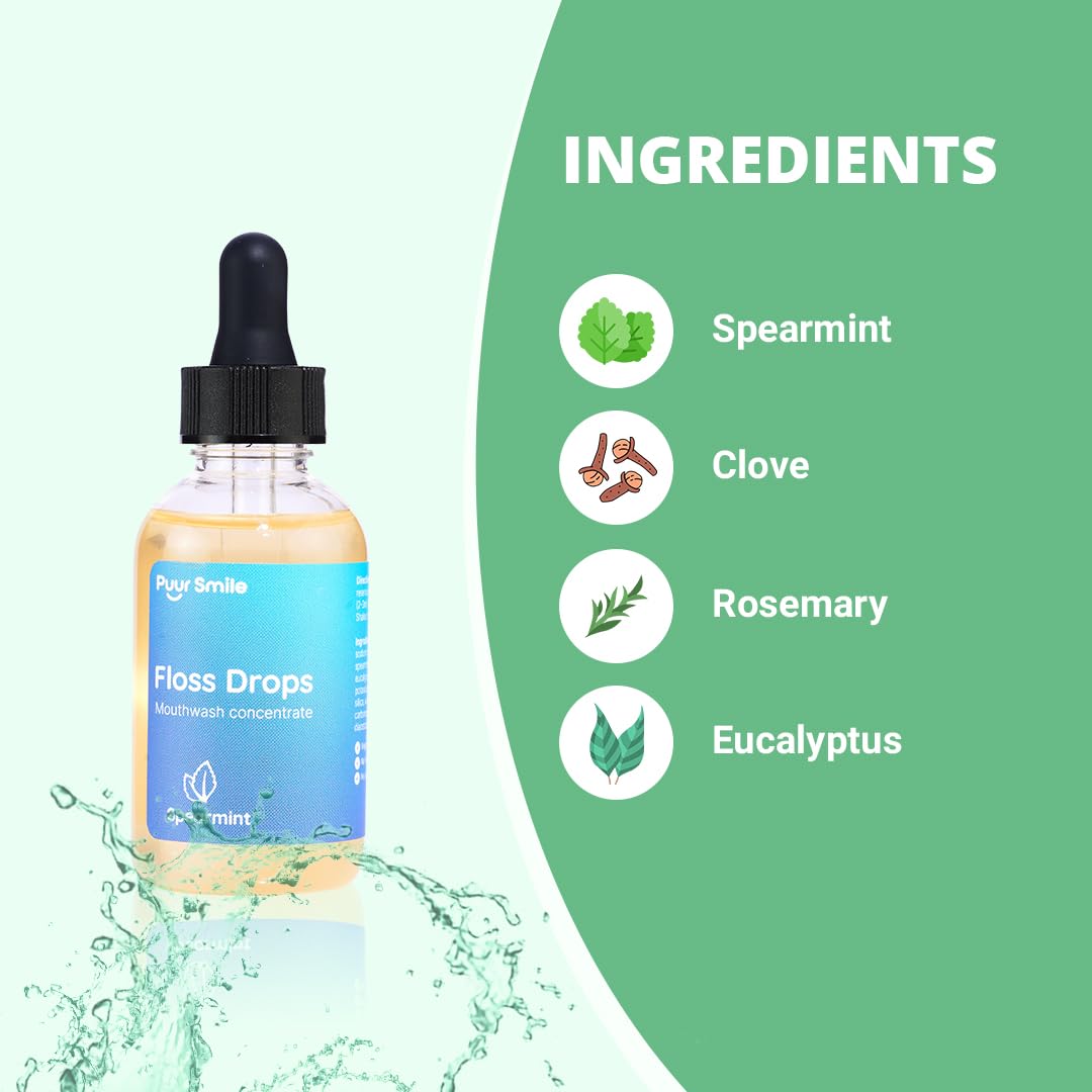 Concentrated Floss Drop Serum – 2oz Concentrated Mouth Wash to Use in Water Flosser | Natural Essentials Promotes Good Breath | Organic Spearmint Drop Supports Good Oral Health
