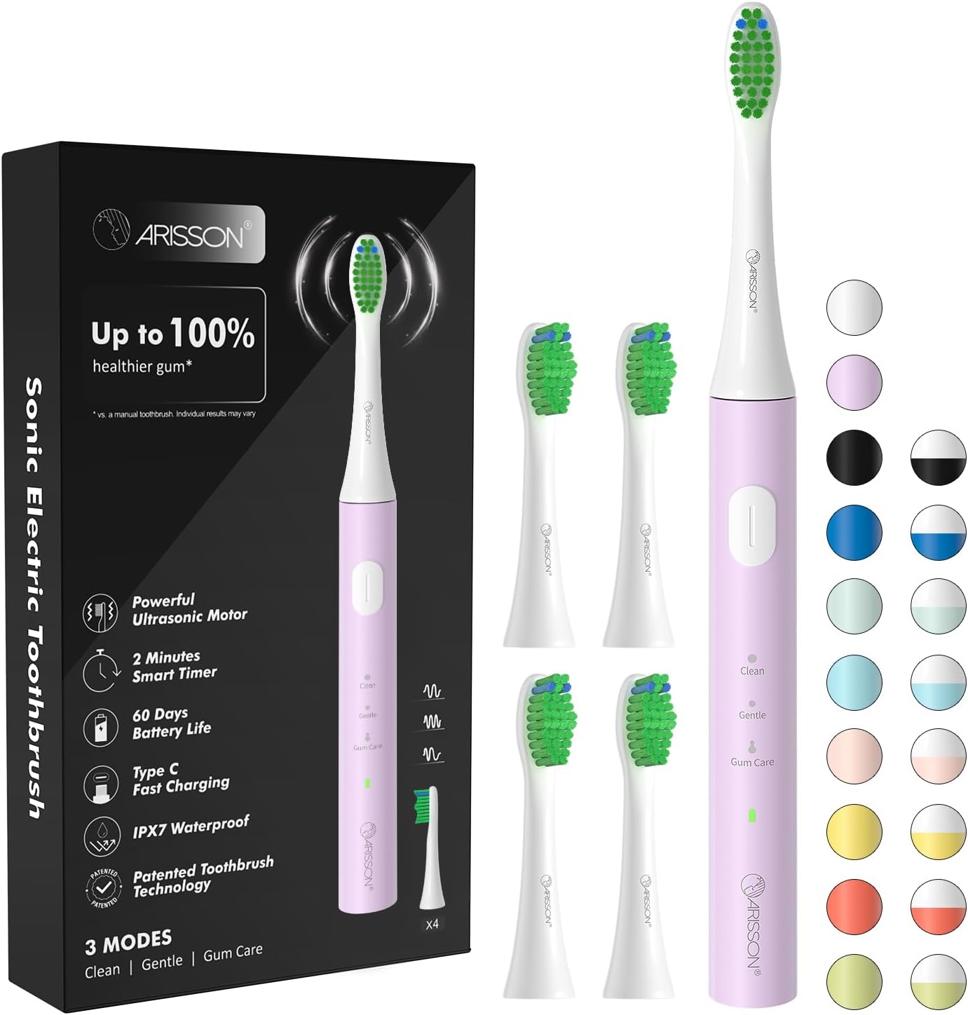 ARISSON Sonic Electric Toothbrush for Adults and Kids, 40,000 VPM Power Toothbrush, 1.5H Fast Charge Ultrasonic Electric Toothbrushes with 2 Minutes Smart Timer, White on Cotton Candy