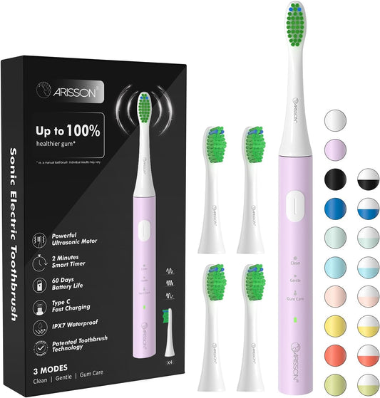 ARISSON Sonic Electric Toothbrush for Adults and Kids, 40,000 VPM Power Toothbrush, 1.5H Fast Charge Ultrasonic Electric Toothbrushes with 2 Minutes Smart Timer, White on Cotton Candy