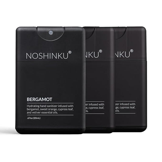 Noshinku - Refillable Hand Sanitizer Bergamot 3-Pack, Travel Size Spray with Hydrating Botanical Oils, Natural Ingredients, All Natural Fragrances, Sugarcane Derived Alcohol, No Parabens, No Dyes