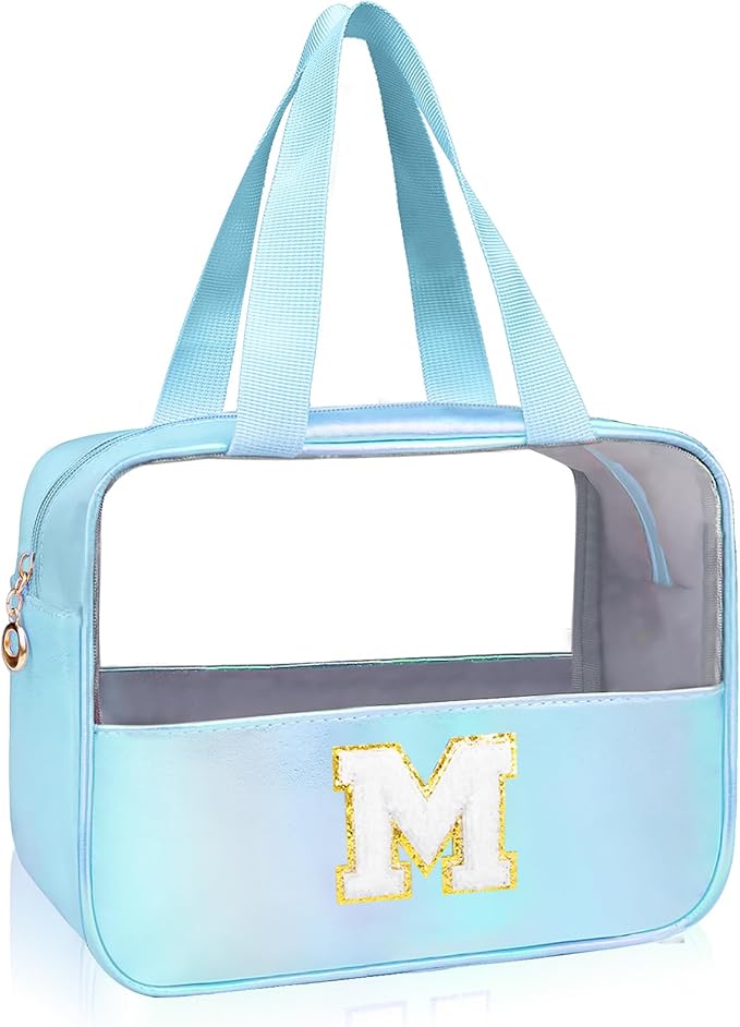 Personalized Initial Clear Makeup Bag Blue Cosmetic Bag Set Large Travel Toiletry Bag, Cute Clear Make Up Bags Organizer Bag for Girlfriend Teacher Gifts Teen Girl Gifts Trendy Stuff M (Blue)