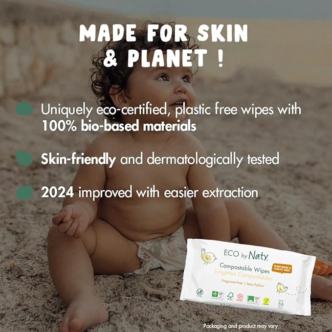 Eco by Naty Baby Wipes Unscented - 100% Compostable and Plant-Based Wipes, Good for Babies and Newborn Sensitive Skin (672 Count - 12 packs of 56)