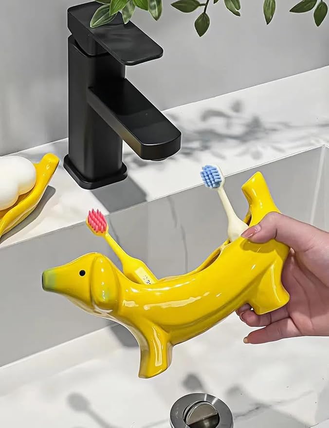 Creative Banana Dog Toothbrush Holder, Ceramic Bathroom Organizer with Toothbrush Stand, Whimsical Countertop Accessories for Bathroom, Novelty Home Decor
