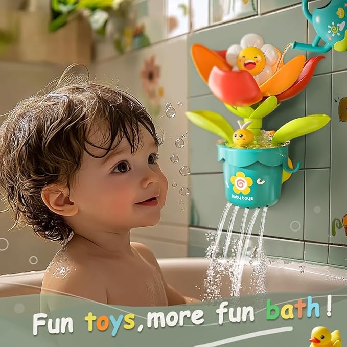 Baby Bath Toy Flower Watering Can Pool Bath Tub Toy with Strong Suction Cup for Baby Age 3+ Years Old Toddlers Boys Girls, BPA Free, Kids Shower Gifts