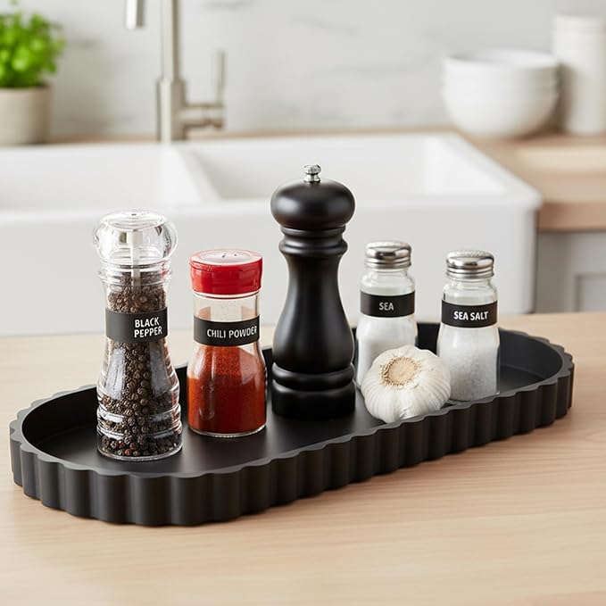 Silicone Bathroom Tray-12 Inch Oval Vanity Tray Countertop Organizer,Decorative Soap & Cosmetic Holder Modern Bathroom Decor,Decorative Tray for Candle, Perfume, Plants (Black, 2PCS)