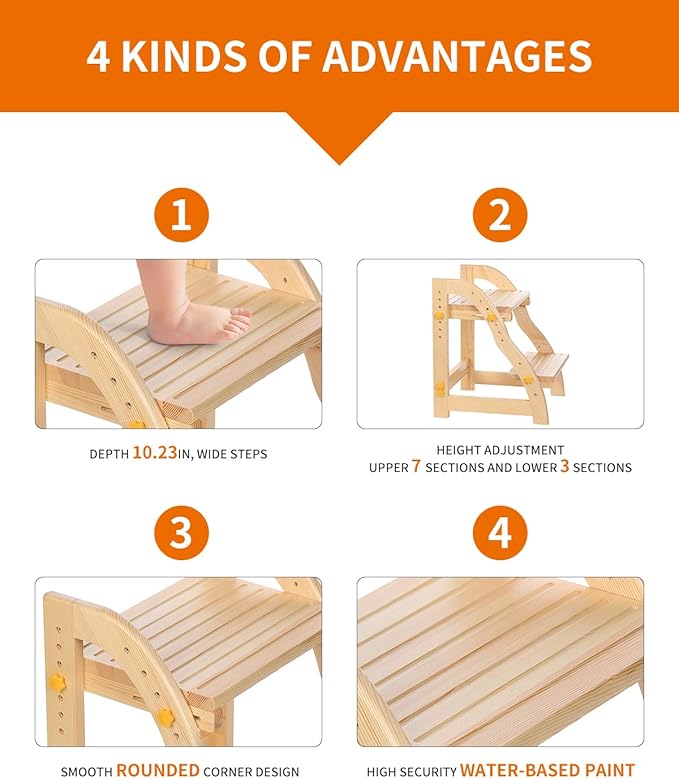 Wooden Step Stool for Kids, Adjustable Toddlers Two Step Stool Wood for Bathroom Kitchen, Non-Slip Beside Stepping Stool with 200 lbs Capacity (Natural Pine)