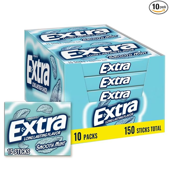 Extra Gum Smooth Mint Sugarfree Gum Bulk, Individually Wrapped, Perfect for Fresh Breath at School, Work, and Travel, 15 Count, Pack of 10