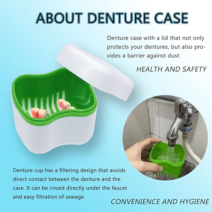 Denture Cup Kit, 2 Denture Case with 2 Denture Toothbrush & 2 Portable Toothbrush Box, Denture Cups for Soaking Dentures, Denture Cleaning Kit for Travel