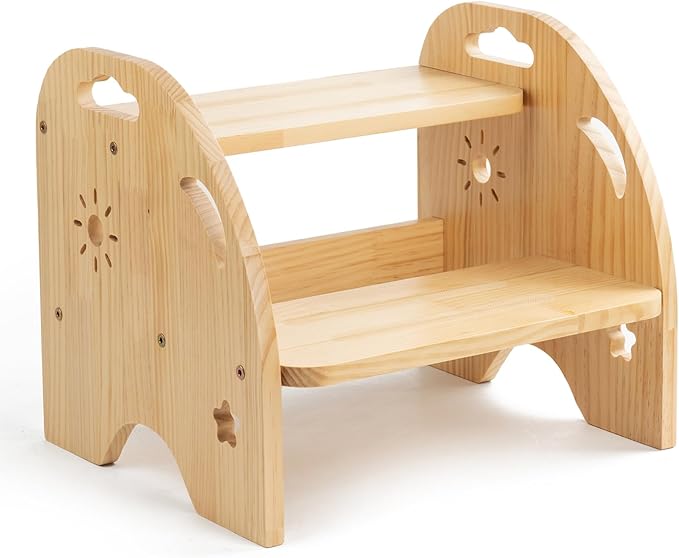 Wooden Toddler Step Stool for Kids - Non Slip 2 Step Stool with Handles for Bathroom Sink, Potty Training, Kitchen