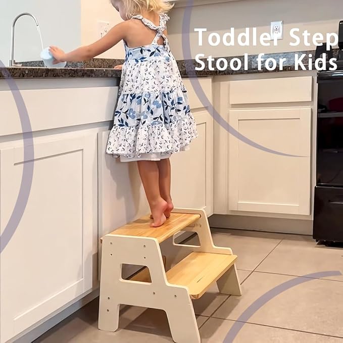 Toddler Step Stool for Kids - Height Adjustable Non-Slip Wooden Step Stool for Bathroom Sink, Kitchen & Potty Training 2-Step - Natural