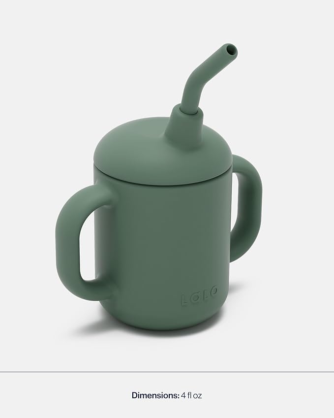 Lalo Little Cup, Non-Toxic Silicone Straw Cup with Handles - Baby and Toddler Sippy Cup - Mini Cup and Straw Training System, 4oz, Olive