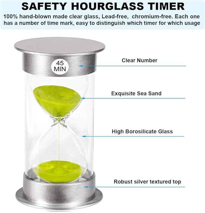 Hourglass Sand Timer 45 Min, Plastic Clock, Silver Watch - Glass Sandglass for Kids, Games, Classroom, Kitchen, Decoration (Green Sand)