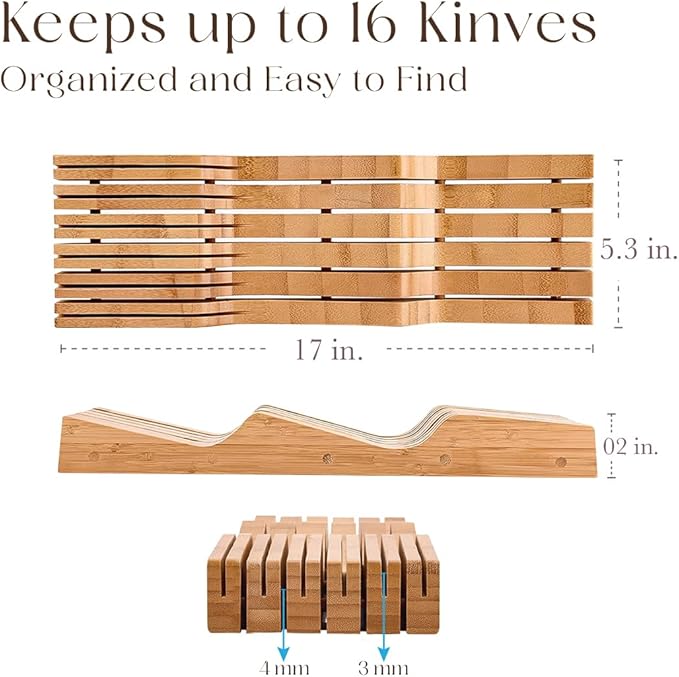 Bellemain 100% Pure Bamboo in Drawer Knife Block | 16 Knife Slots Knife Drawer Organizer | Store Knives Safely with The Blades Down | Storage Solution for Your Kitchen | Knife Organizer Drawer Insert