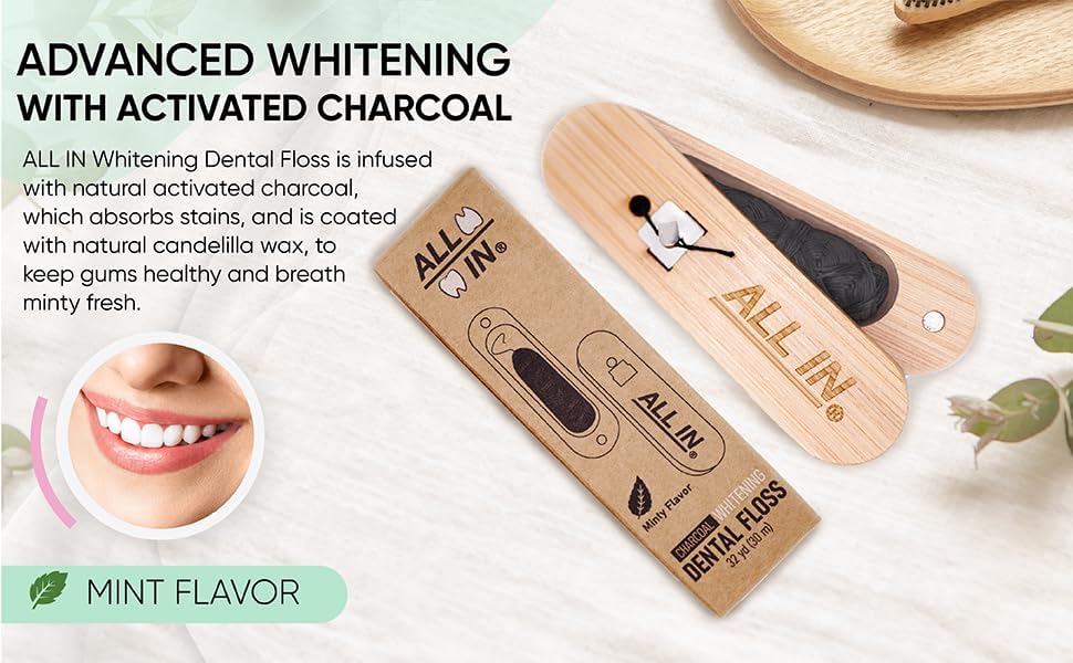 ALL IN Waxed Charcoal Floss with a Refillable Dental Floss Holder - Plant Based, No PFAS - Mint Floss for Effective Plaque Removal, Clean Teeth, Fresh Breath - 32 yd