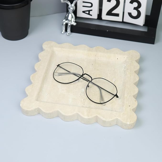 Square Marble Decorative Tray with Scalloped Edge, Luxury Natural Stone Bathroom Vanity Tray, Dresser Top Perfume Coffee Home Kitchen Sink Tray, Key Trinket Ring
