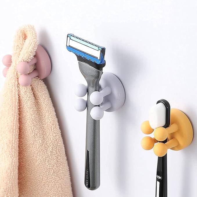 Silicone Toothbrush Holders - 6Pcs Razor Hooks Adhesive Wall Mounted for Hanging Towel Key Plug Cable, Utility Decor Stick to Dorm Room Door Function for Kitchen Bathroom Home Office, Yellow