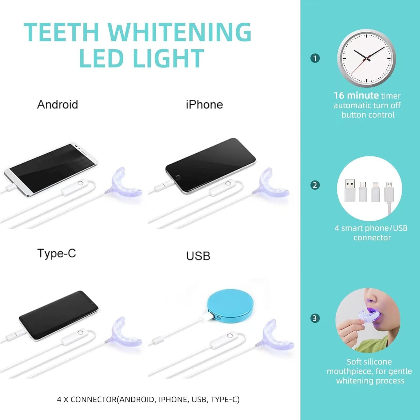 Teeth Whitening Accelerator Light, 32x Blue LED Light Mouth Tray Teeth Whitening Enhancer Light Trays Connected with iPhone/Android/USB for Home Use