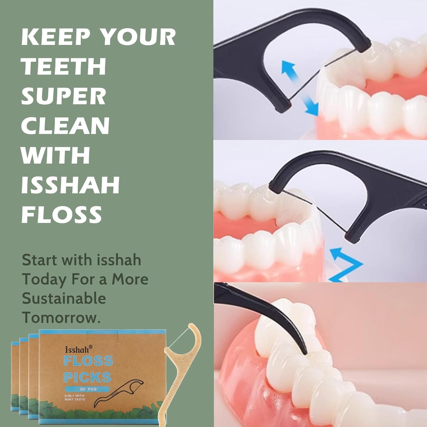 Natural Dental Floss Picks - 200 Count - PETA Approved, BPA Free, Vegan, Sustainable, Eco Friendly, Natural Dental Flossers by Isshah (Mint)