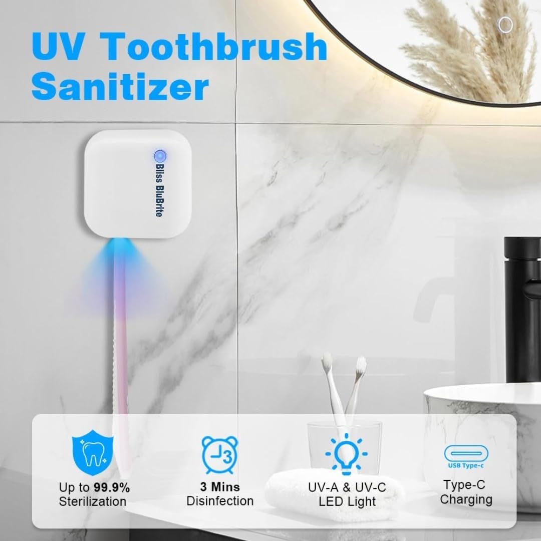 Portable UV-C Toothbrush Sanitizer and Holder – Travel Case for Manual & Electric Toothbrush Heads – UV Light Cleaning Box – USB Rechargeable – Travel-Friendly