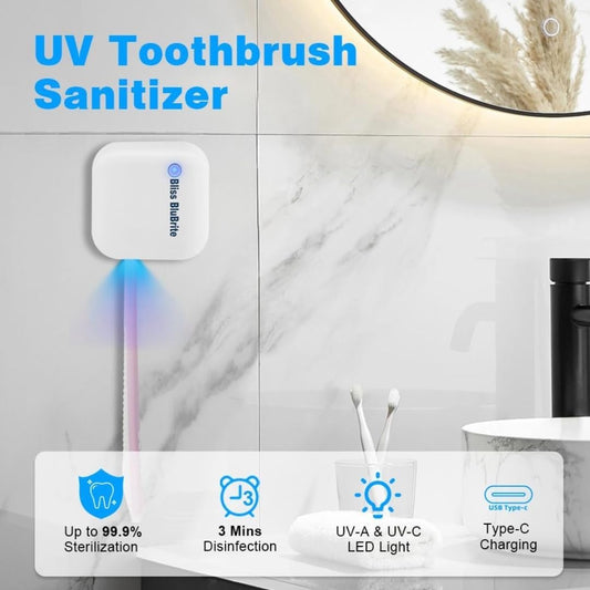Portable UV-C Toothbrush Sanitizer and Holder – Travel Case for Manual & Electric Toothbrush Heads – UV Light Cleaning Box – USB Rechargeable – Travel-Friendly