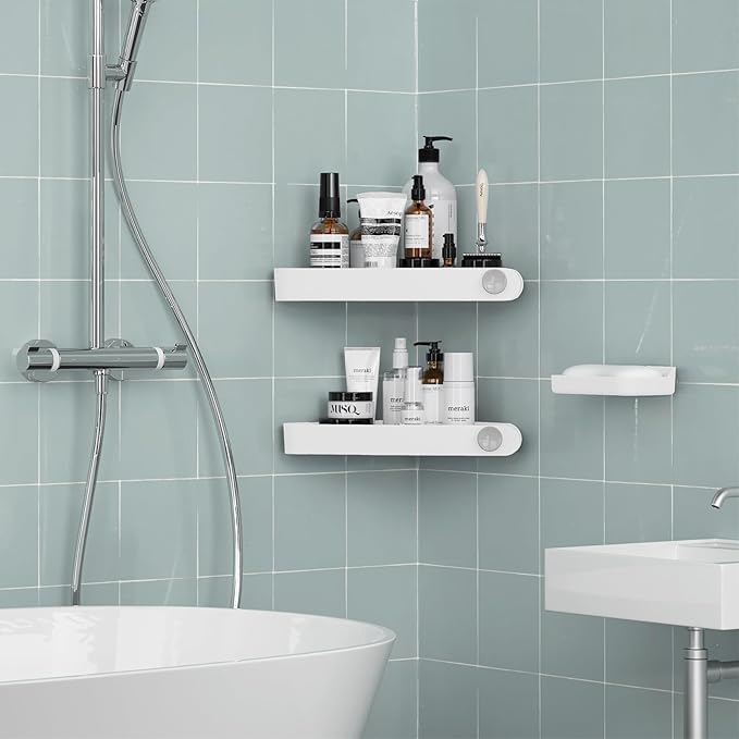 Sotfamily Shower Caddy Corner, Adhesive Corner Shower Shelves for Bathroom Organizers and Storage, Rust Free Plastic Rack for Bathroom Accessories & Decor, 2 Pack + Soap Dish, White