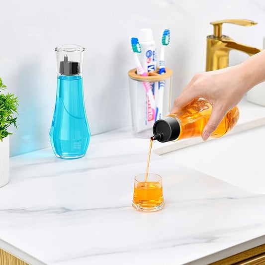 VITVITI Glass Mouthwash Dispenser for Bathroom, 8.8OZ Mouth Wash Container Bottle with Lid Cup, Small Clear Refillable Mouthwash Dispenser Decanter for Countertop, Set of 2, Black