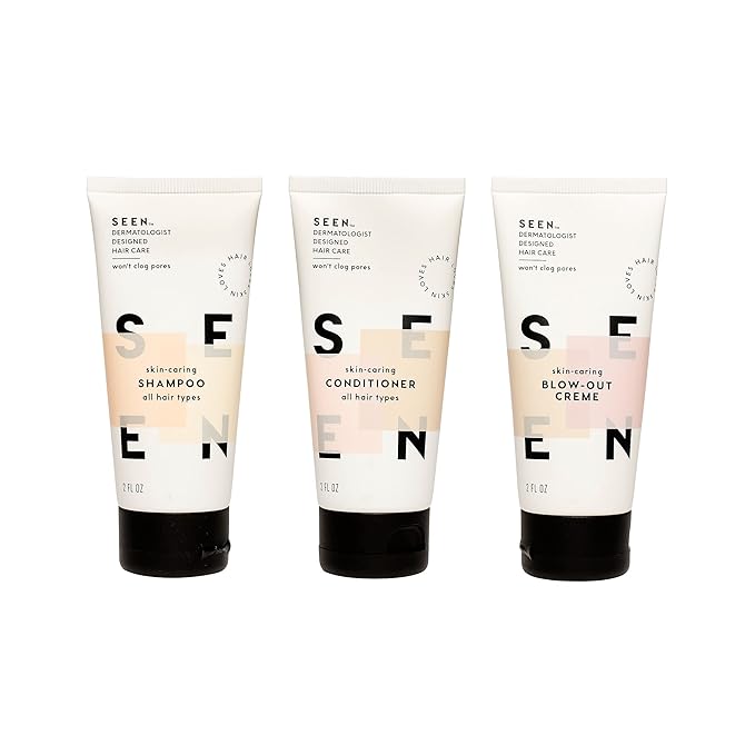SEEN Travel Trio - Scented - Non-Comedogenic & Blow-Out Hair Cream, Shampoo & Conditioner Set- Reduces Frizz- Heat Protectant- Safe for Sensitive & Acne Prone Skin