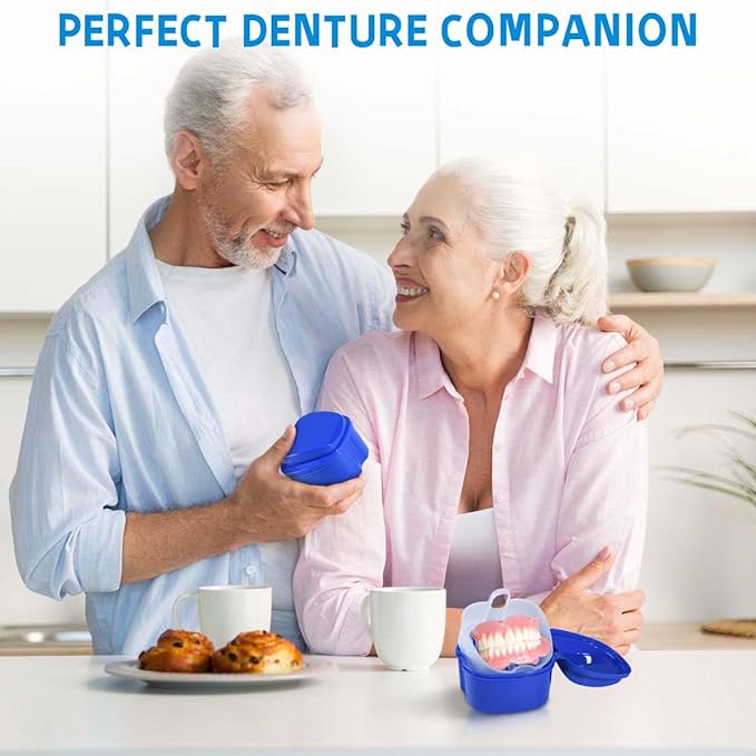 2 Pack Colors Denture Bath Case Cup Box Holder Storage Soak Container with Strainer Basket for Travel Cleaning (Light Blue and Blue)