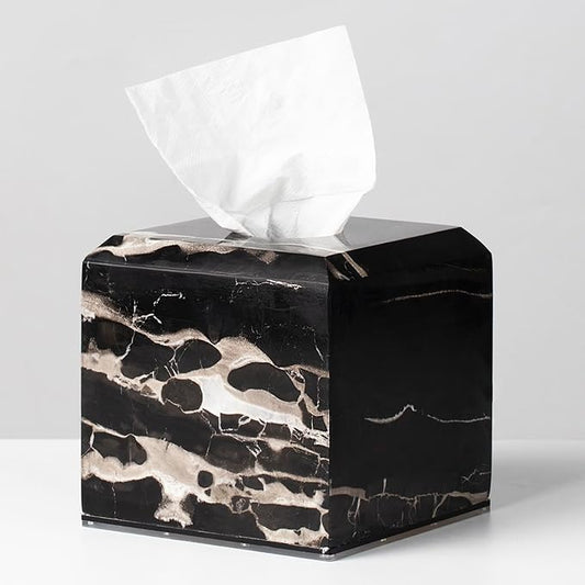 Black Marble Tissue Box Cover for Bathroom, Natural Waterproof Facial Tissue Box, Elegant Square Luxury Heavy Duty Napkin Holder, Toilet Paper Holder for Home Decor, Nightstand, Living Room, Toilet