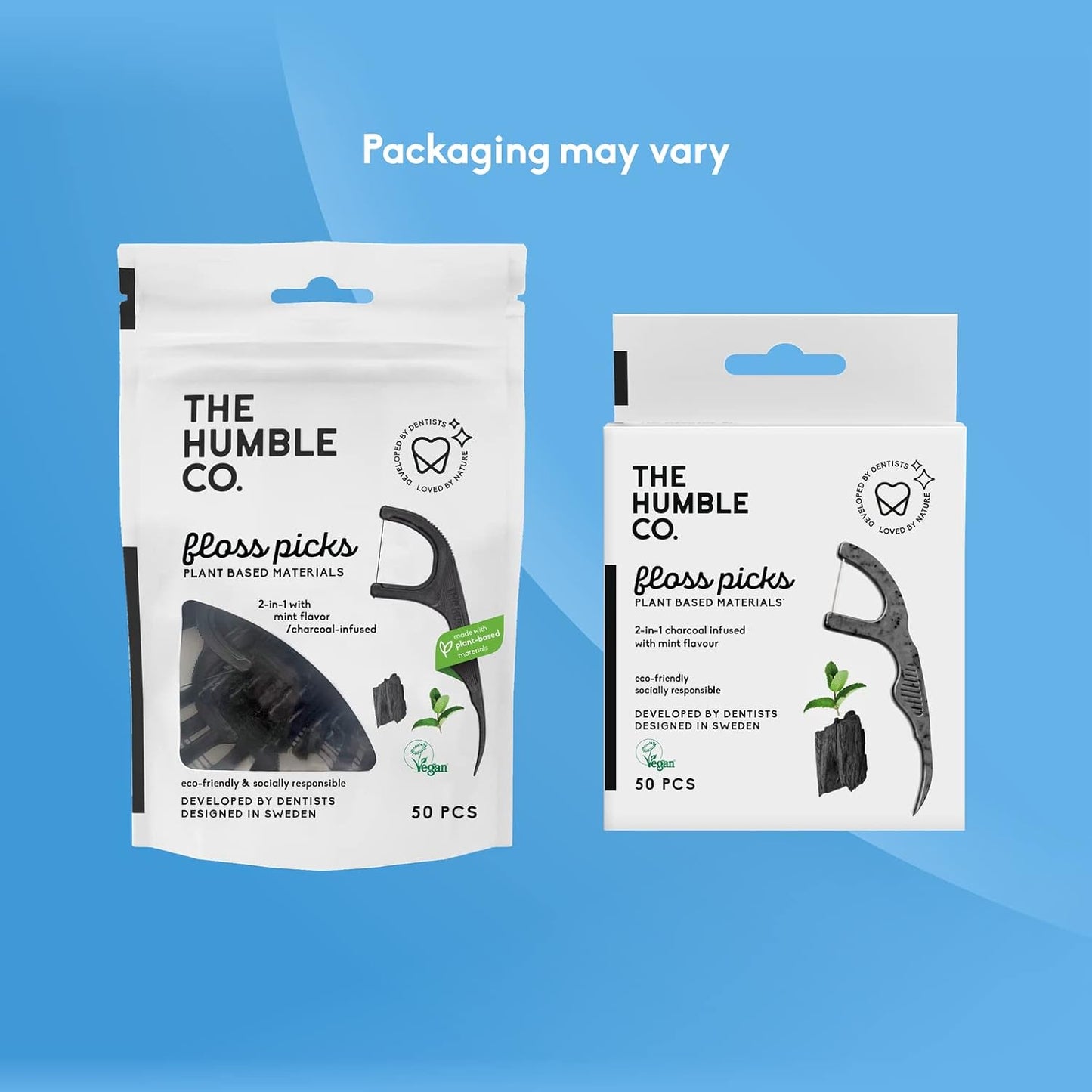 The Humble Co. Floss Picks (200 Count) – Plant Based Dental Floss Picks for Superior Oral Care, Dental Hygiene, and Gum Health, Cruelty Free Tooth Floss Picks (Charcoal, Single Thread)