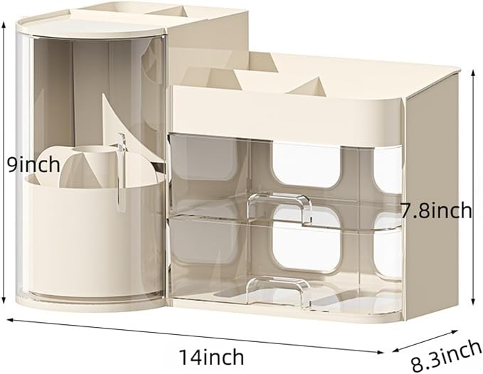 Makeup Organizer with Rotating Brush Holder Cosmetic Organizer with Drawers Countertop Skincare Organizer for Vanity,Cosmetic Display Case Storage (Cream, Large)