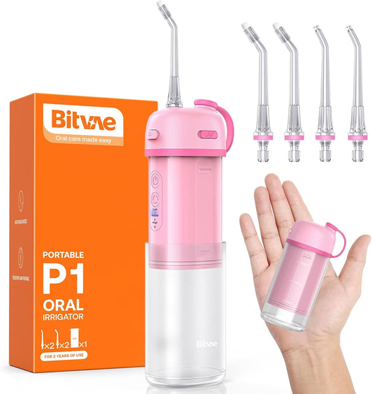 Bitvae P1 Water Flosser for Teeth, Portable Mini Water Flosser, Cordless Water Teeth Cleaner Picks with Telescopic Water Tank, Type-C Rechargeable Oral Irrigator for Travel & Home (Pink)