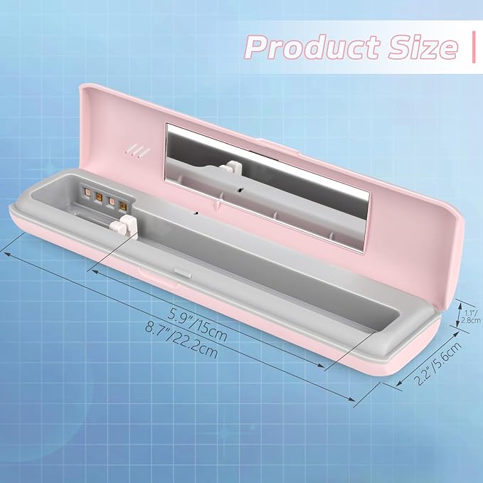 YourMate Toothbrush Sanitizer Case Travel Toothbrush Covers Case for Houshold and Traveling Power by AA Battery or USB-C Pink