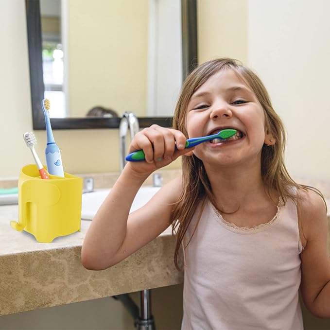 Kids Toothbrush Holder, Cute Elephant Toothbrush Holders for Toddler, Toothbrush Toothpaste Holder for Bathroom, Toothbrush Organizer with 3 Slots and a Hook, Yellow