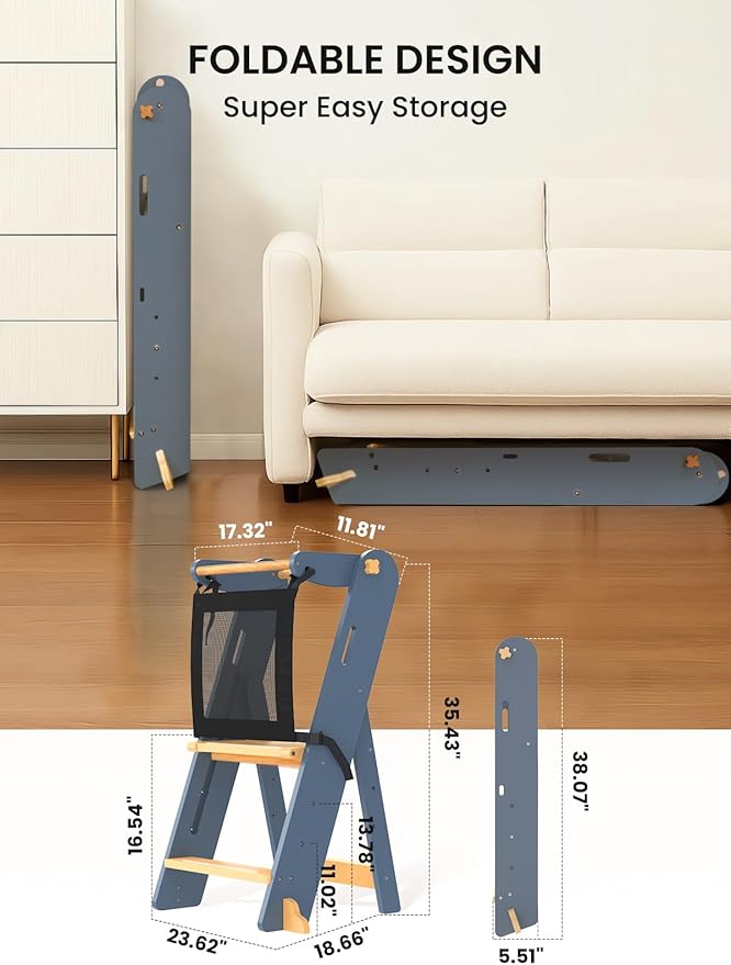 GROWNSY Foldable Step Stool Toddler Tower, Toddler Kitchen Stool Helper, Collapsible Kids Standing Tower with 3 Adjustable Heights and Safety Net for Kitchen Bathroom Sink Counter (Blue Gray)