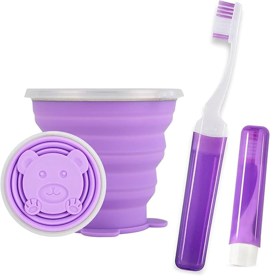 Toothbrush Travel Case, Travel Toothbrush Silicone Collapsible Toothbrush Cup, Travel Toothbrush Set Suitable for Business Camping Travel or Daily Use (Purple)