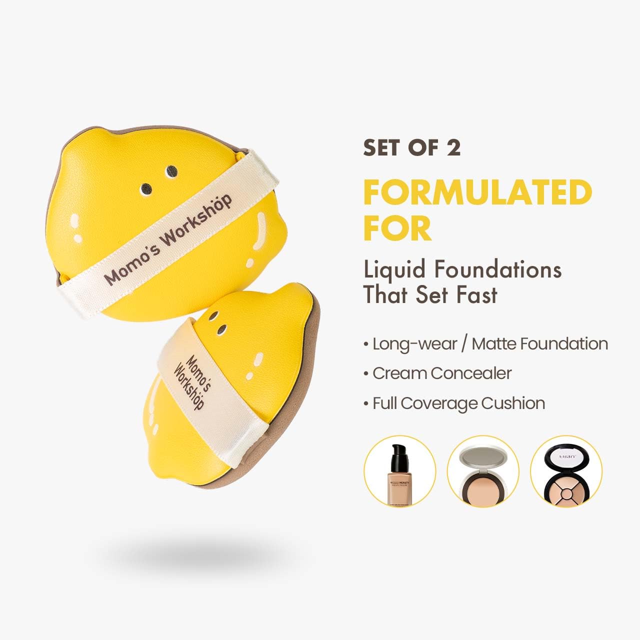 Lemon Makeup Sponge Set,Cosmetic Foundation Sponges, Dual-Textured for Wet/Dry Use, Pointed Tip for Detail Work, Includes 2pcs L+S Size Beauty Puff & Storage Case