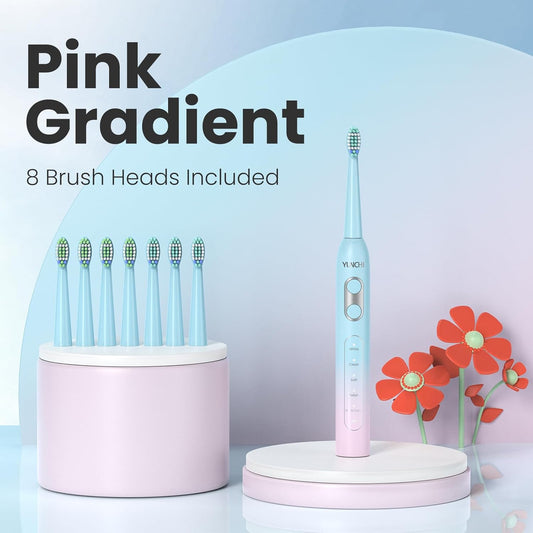 YUNCHI Sonic Electric Toothbrush for Adults,Rechargeable Toothbrushes with Travel Case, 90 Days, 8 Brush Heads, 2 Min Timer, IPX7 Waterproof, 5 Modes, Blue and Pink