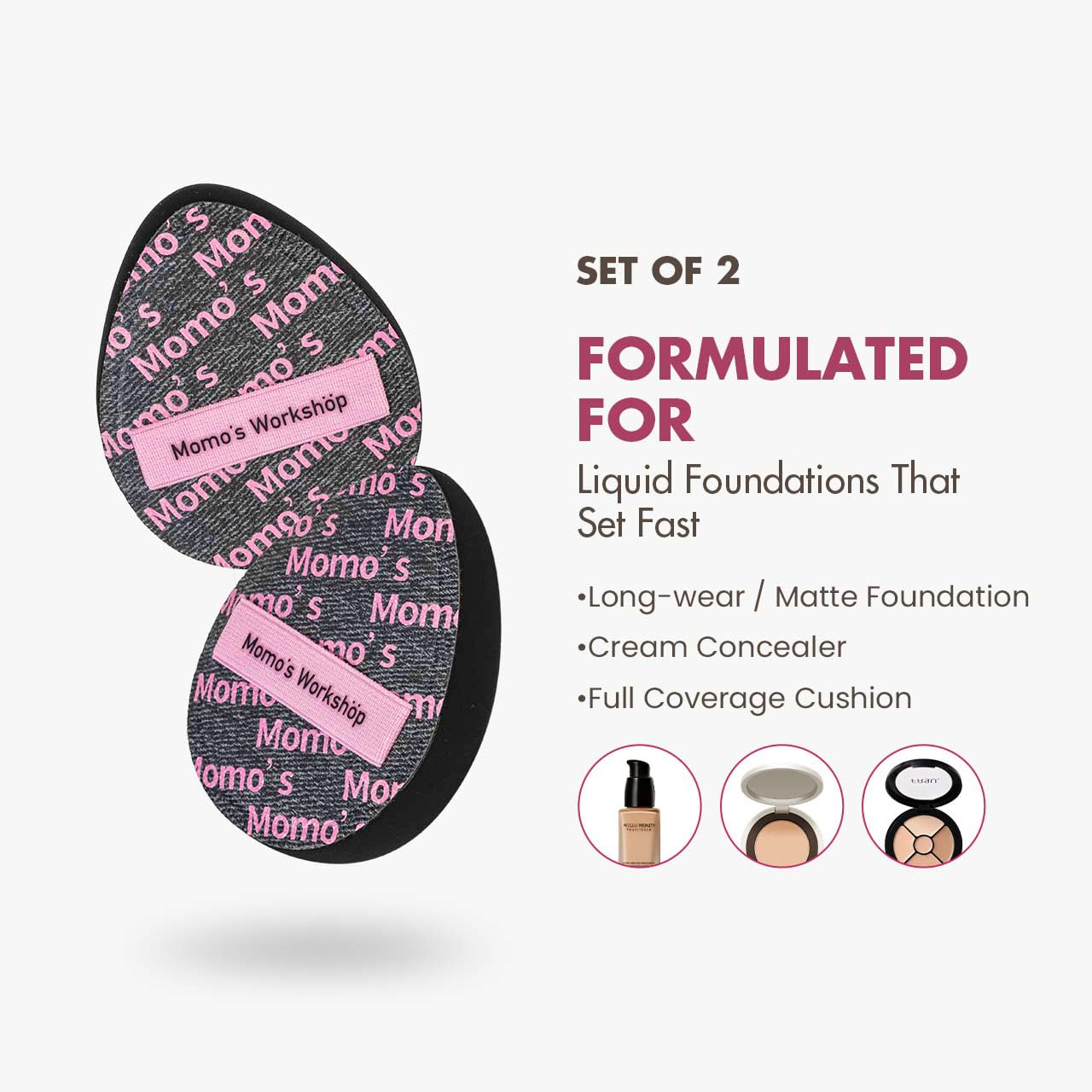 Momo's Workshop Pink Black Denim Egg Makeup Sponge 2-Pack,Ultra Firm Bounce Rubycell Sponge for Liquid-Full Coverage Foundation,for Dry/Combination Skin,Travel Friendly,2pcs &Storage Case