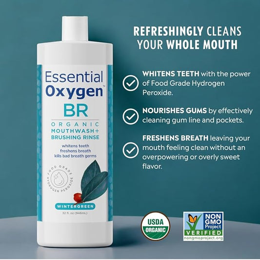 Essential Oxygen Certified BR Organic Brushing Rinse, All Natural Mouthwash for Whiter Teeth, Fresher Breath, and Happier Gums, Alcohol-Free Oral Care, Wintergreen, 32 Ounce