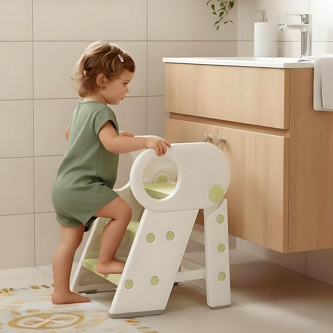 Foldable Step Stool for Toddlers, Adjustable 3 Step Stool for Bathroom Sink, Toilet Potty Training Stool with Handles, Child Kitchen Counter Bedroom Bed Stool Helper