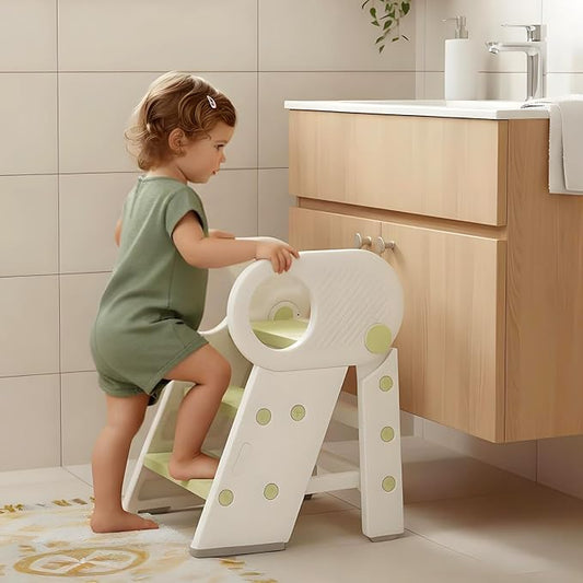 Foldable Step Stool for Toddlers, Adjustable 3 Step Stool for Bathroom Sink, Toilet Potty Training Stool with Handles, Child Kitchen Counter Bedroom Bed Stool Helper